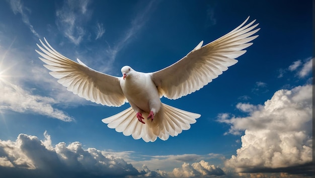 A flying white pigeon with earth icon symbol of world