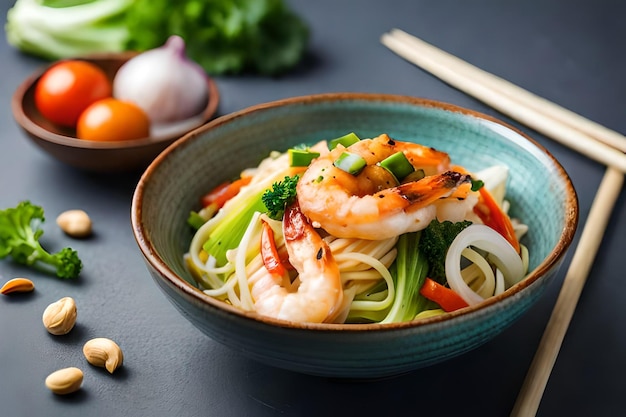 Flying wok ingredients shrimp vegetables pak choi leaves onions and peanuts Asian food deliver