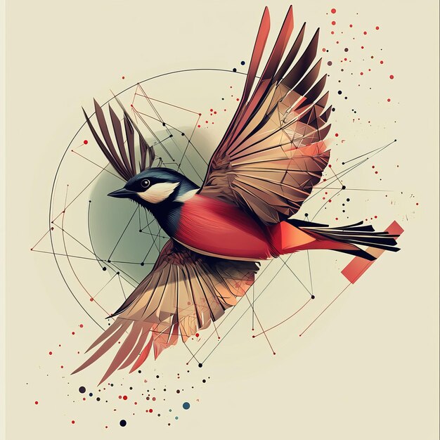 Photo flying woodpecker on abstract background vector illustration in retro style