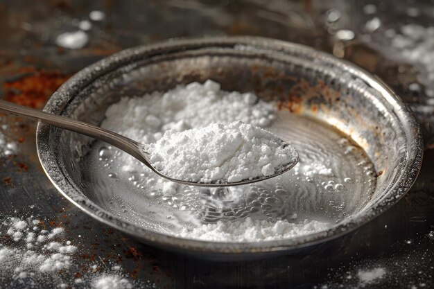 Photo foaming baking soda slaked with vinegar in a spoon over a metal dish