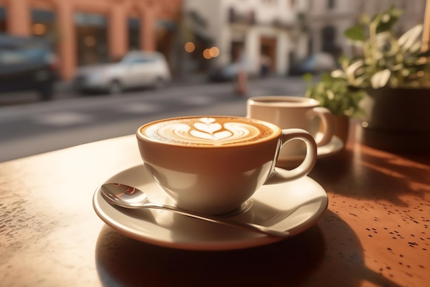 A foamy cappuccino in a ceramic cup on a caf table