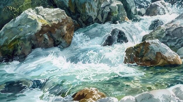 Photo foamy stream rushing over rocks in a mountain forest