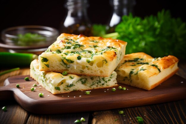 Photo focaccia with green onion and cream chees yummy fast food focaccia food image photography