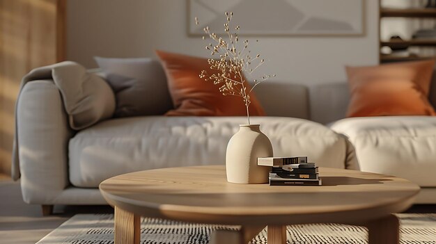 Photo the focal point of this chic living room is the wooden coffee table positioned near a cozy sofa crea