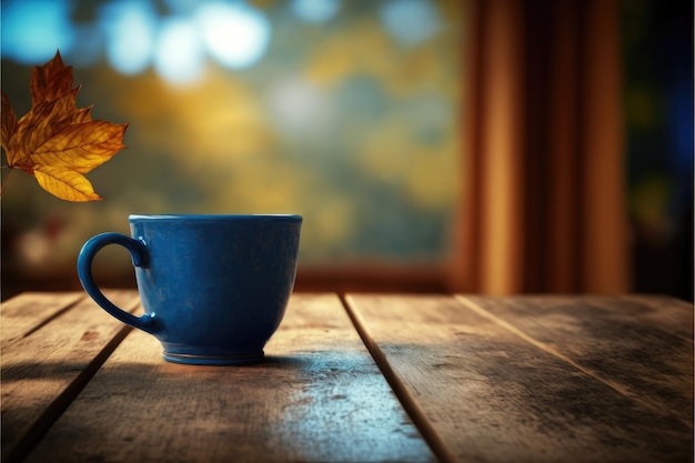 Focus blue color of coffee cup on wooden table with blurred autumn background Concept of blank space for advertising product Finest generative AI