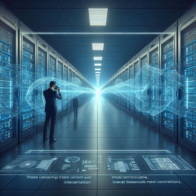 Focus on capturing the data centers corridor with clarity while subtly integrating visual effects