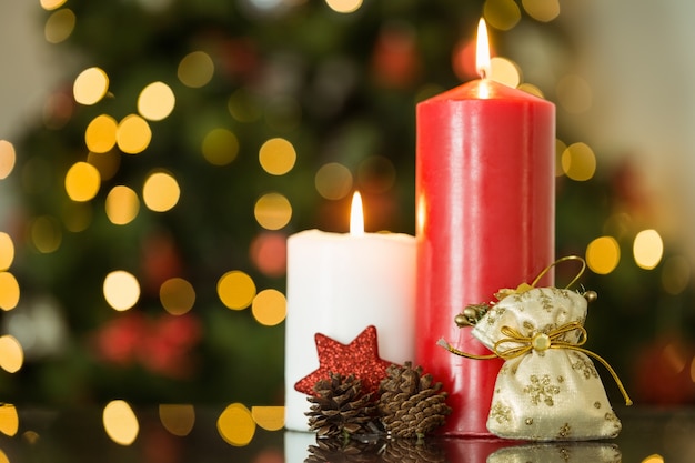 Focus on christmas candles and decorations