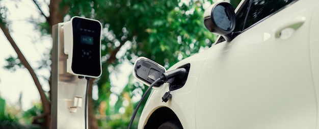 Focus closeup EV car and charger with blur background for progressive concept