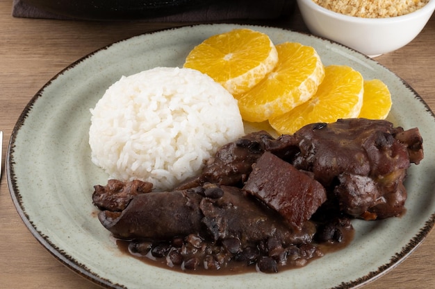 Focus on delicious Brazilian feijoada on plate