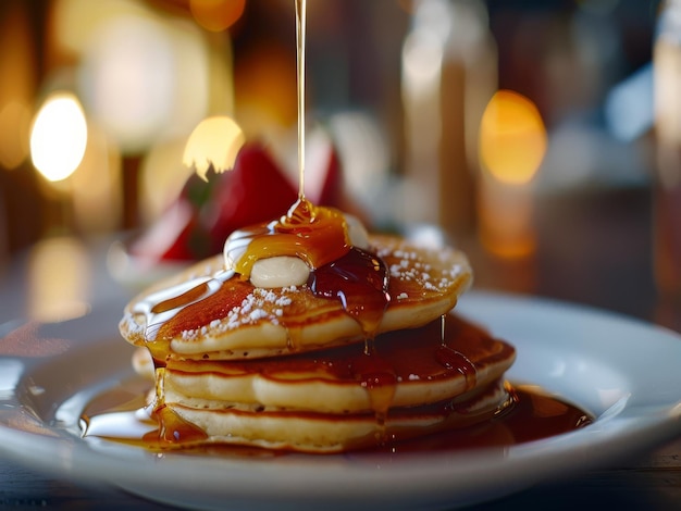 Focus on the drizzling of syrup over fluffy pancakes Photography ar 169 Job ID 88c3833f1e8346b6a7e7d