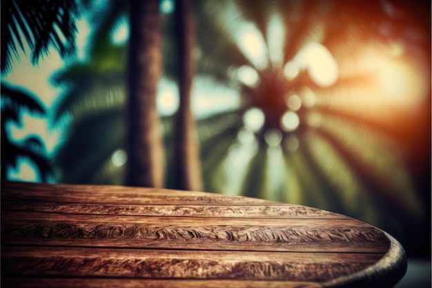 Focus empty wood table with blurred of coconut and palm tree background