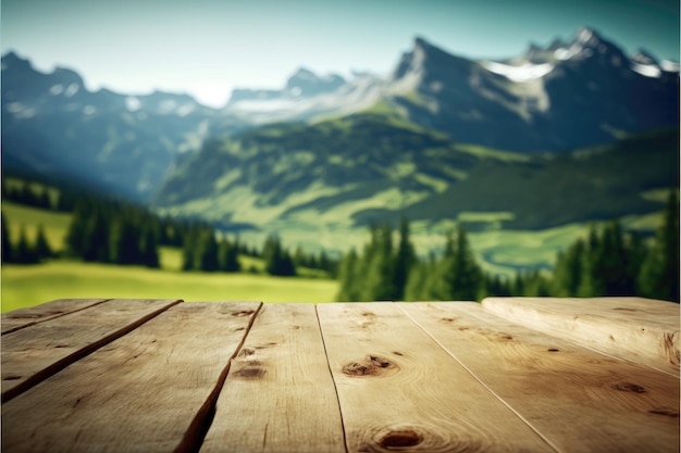 Focus empty wood table with blurred natural tree meadow background