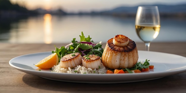 Focus on a gourmet meal of scallops over a bed of rice and salad neatly presented on a white plate with wine glasses in background