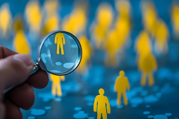 Focus group hand holding magnifying glass over yellow people symbol among white people icons attracting customers Concept Market Research Diversity Customer Acquisition Business Strategy