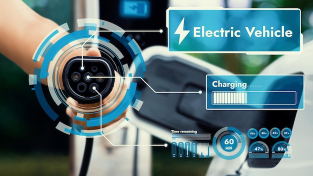 Photo focus hand pointing ev charger in front of camera display smart battery status hologram in blurry background electric car charger using clean energy reducing co2 emissionperuse