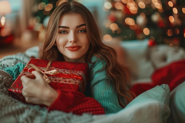 Focus on a happy woman wrapping Christmas presents in a blur beautiful living room background