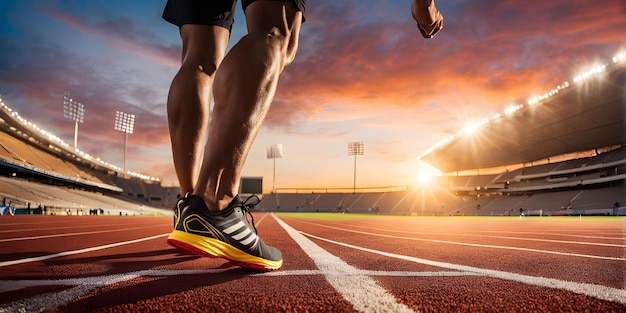 Focus on running shoe of athletic runner training in stadium at sunset preparing for sports