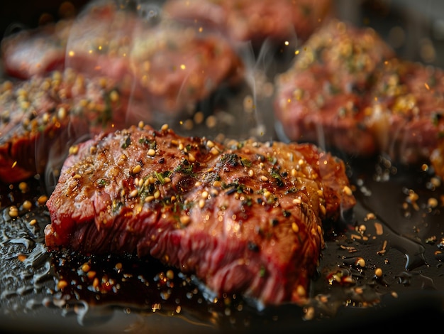 Focus on the seasoning of sizzling steak on a hot skillet Photography ar 169 Job ID d76a54ac16c94222