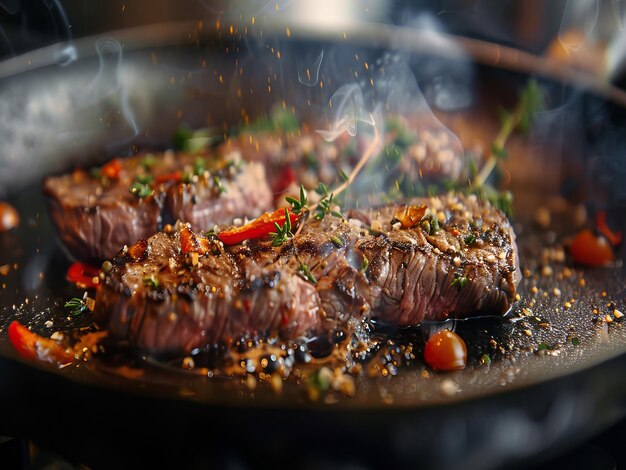 Focus on the seasoning of sizzling steak on a hot skillet Photography ar 169 Job ID d76a54ac16c94222