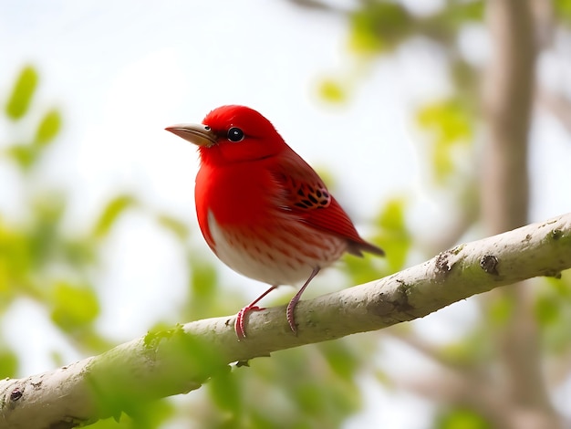 Focus selective shot of a small red bird sitting on a branch ai generated