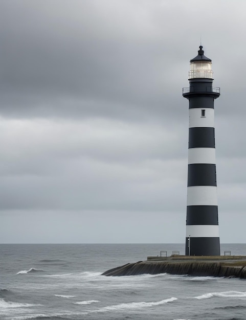 focus shot of Tall lighthouse at the north sea under a cloudy sky on cozy blurred background