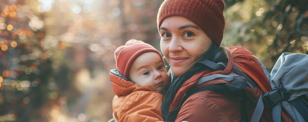 Focus a two cute Queen gay happy face and looking at camera on the center with hold a baby with blur beautiful forest trail background