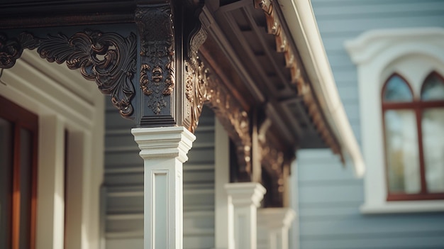 Focus on unique architectural details of a house such as a stylish front door ornate windows