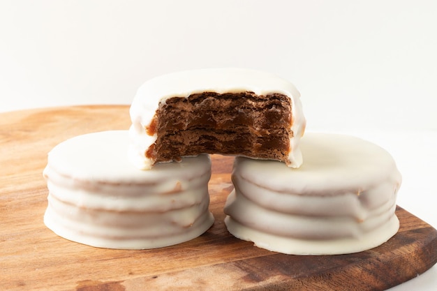 Focus on white chocolate alfajor Selective focus