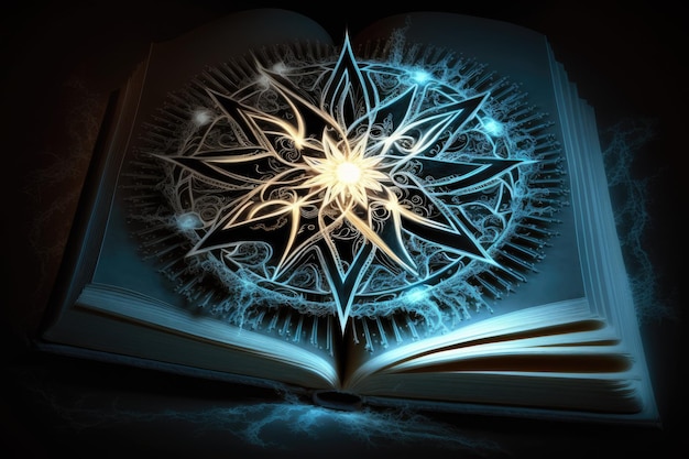 Focus on the zodiac wheel inside a luminous book Ideas associated with astrology