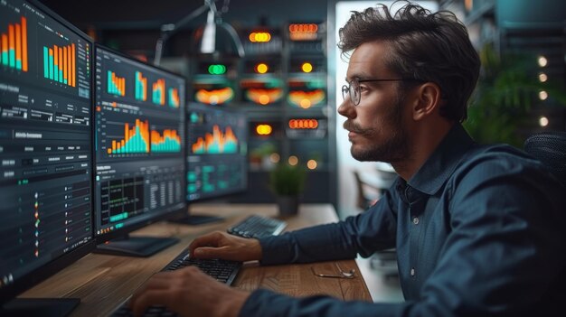 Focused analyst reviewing data on multiscreen workstation