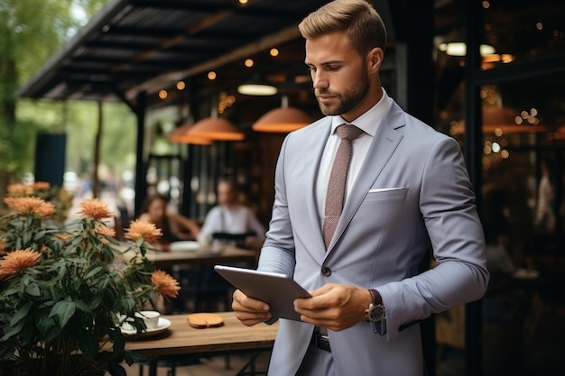 Focused arab businessman using tablet and laptop in office setting multitasking and strategizing