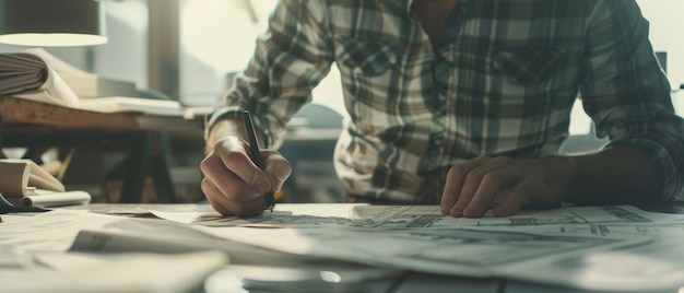 Focused architect crafting plans amidst a medley of blueprints and tools on a sunlit desk