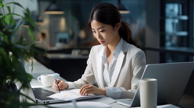 Focused asian businesslady at workplace ai generated image wallpaper