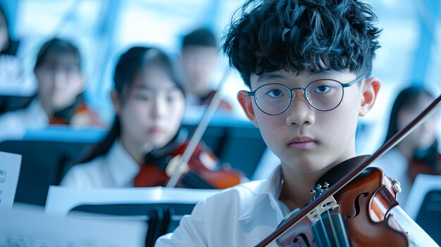 Photo focused asian student playing violin in school orchestra class back to school music education concep