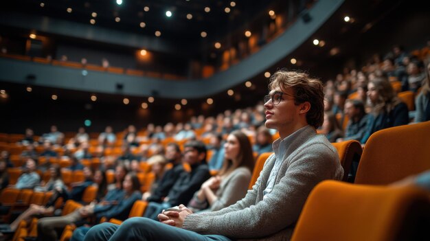 A focused audience in a modern theater setting