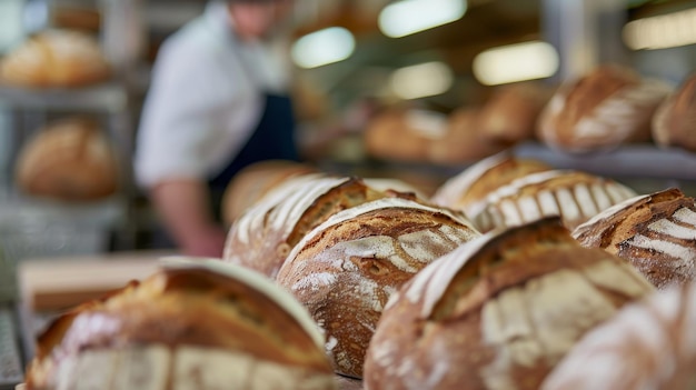 A focused baker meticulously arranges freshly baked bread loaves in a bustling bakery showcasing the art and skill of traditional baking