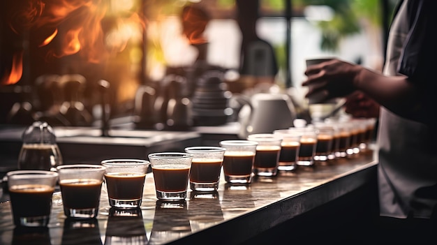 a focused barista preparing coffee in a busy cafe