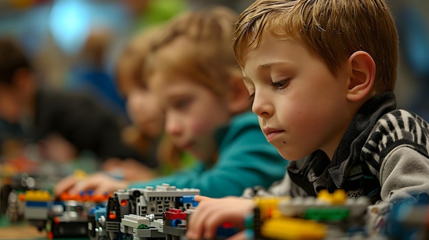 Focused Boy Building with Robotics Kits in Classroom