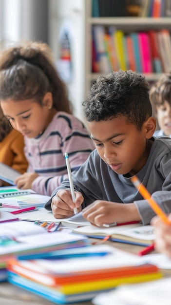 Focused Boy Writing in a Classroom Setting