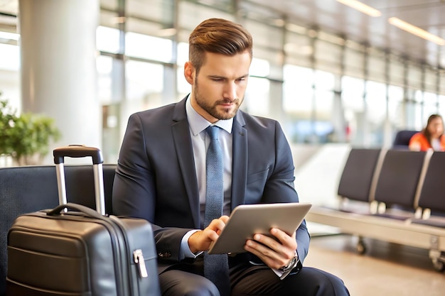 Photo focused businessman at airport for business travel and international meetings