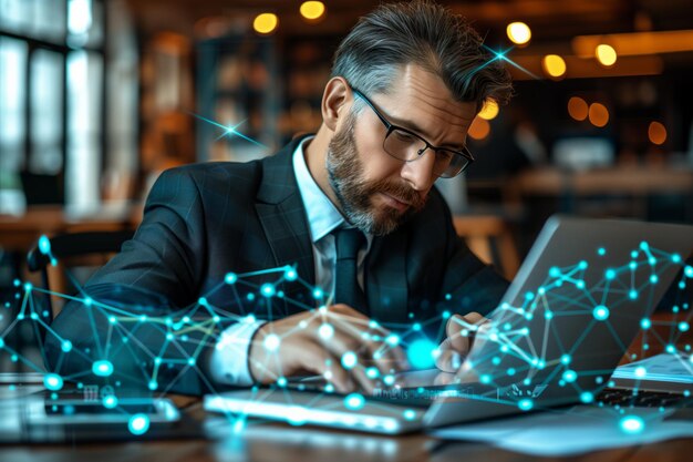 Focused businessman analyzes data on laptop amidst a network of digital connections