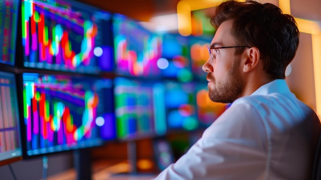 Photo focused businessman analyzing financial data on multiple monitors in modern office setting