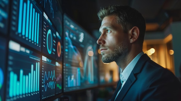 Focused businessman analyzing financial data on multiple screens in a modern office environment highlighting datadriven decisionmaking