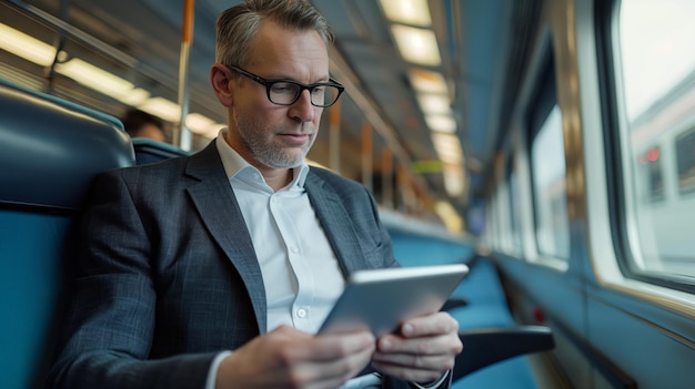 Photo focused businessman in glasses reviews slides on his tablet while commuting on a train