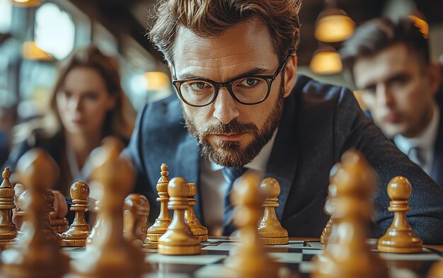 Photo focused businessperson playing chess symbolizing strategy and tactical thinking in a professional en