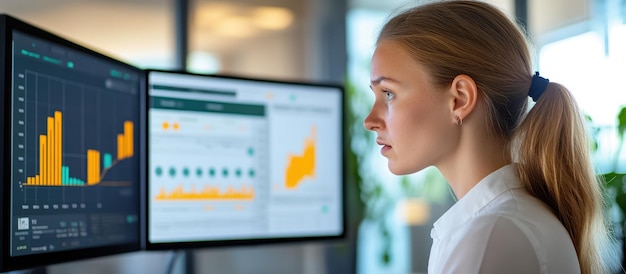 Photo focused businesswoman analyzing data on dual monitors in a modern office environment