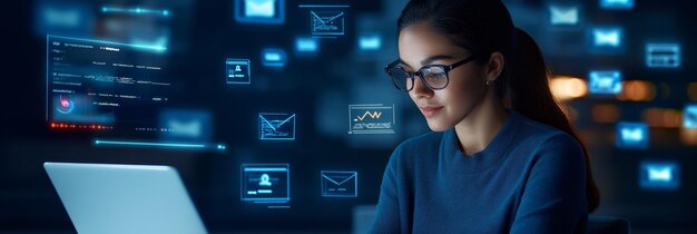 Photo a focused businesswoman works on her laptop surrounded by glowing icons representing email mar