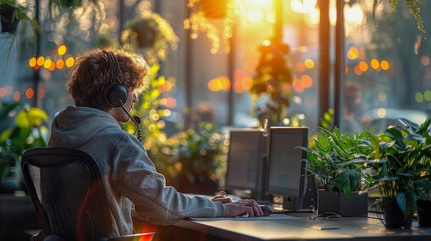 Photo focused call center operator engaging with clients surrounded by data screens