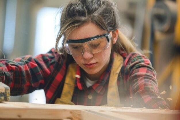 Photo focused carpenter woman sanding wood in workshop