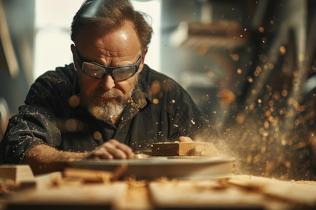 Focused Carpenter Working on Wood